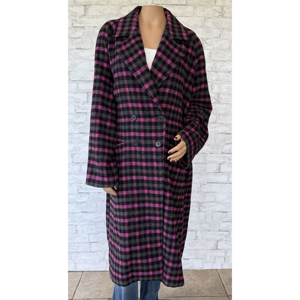 AVEC LES FILLES Size 2XL Double Breasted Walking Coat Overcoat Plaid Black Pink